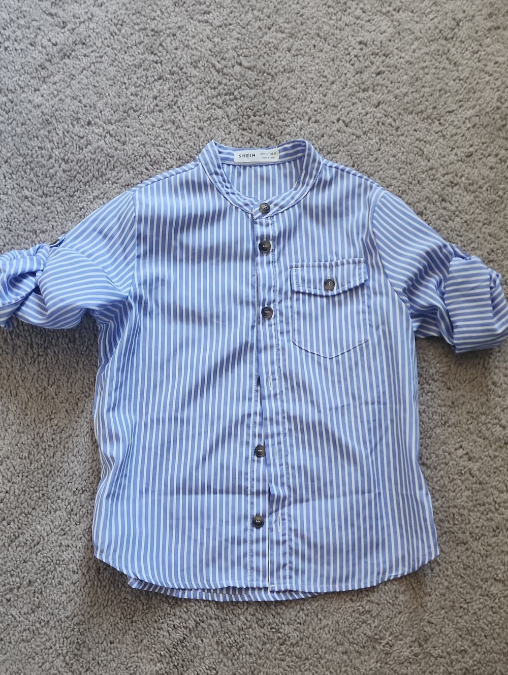SHEIN Blue & White Striped Boy Mandarin Collar Button Shirt